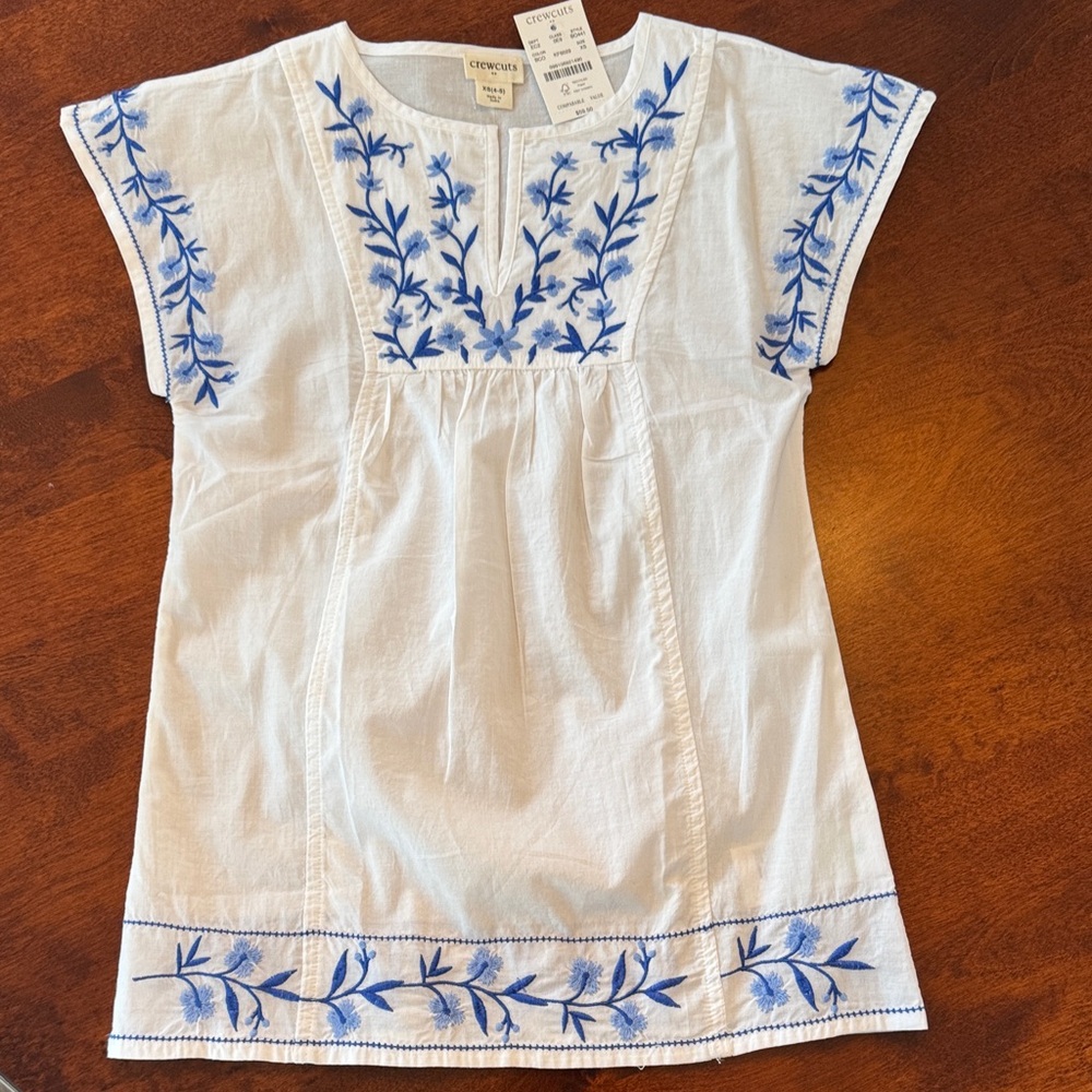 Crewcuts White Dress with Blue Embroidery